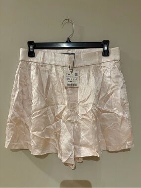 Zara High Waist Satin-Look Pleated Shorts in Pale Blush